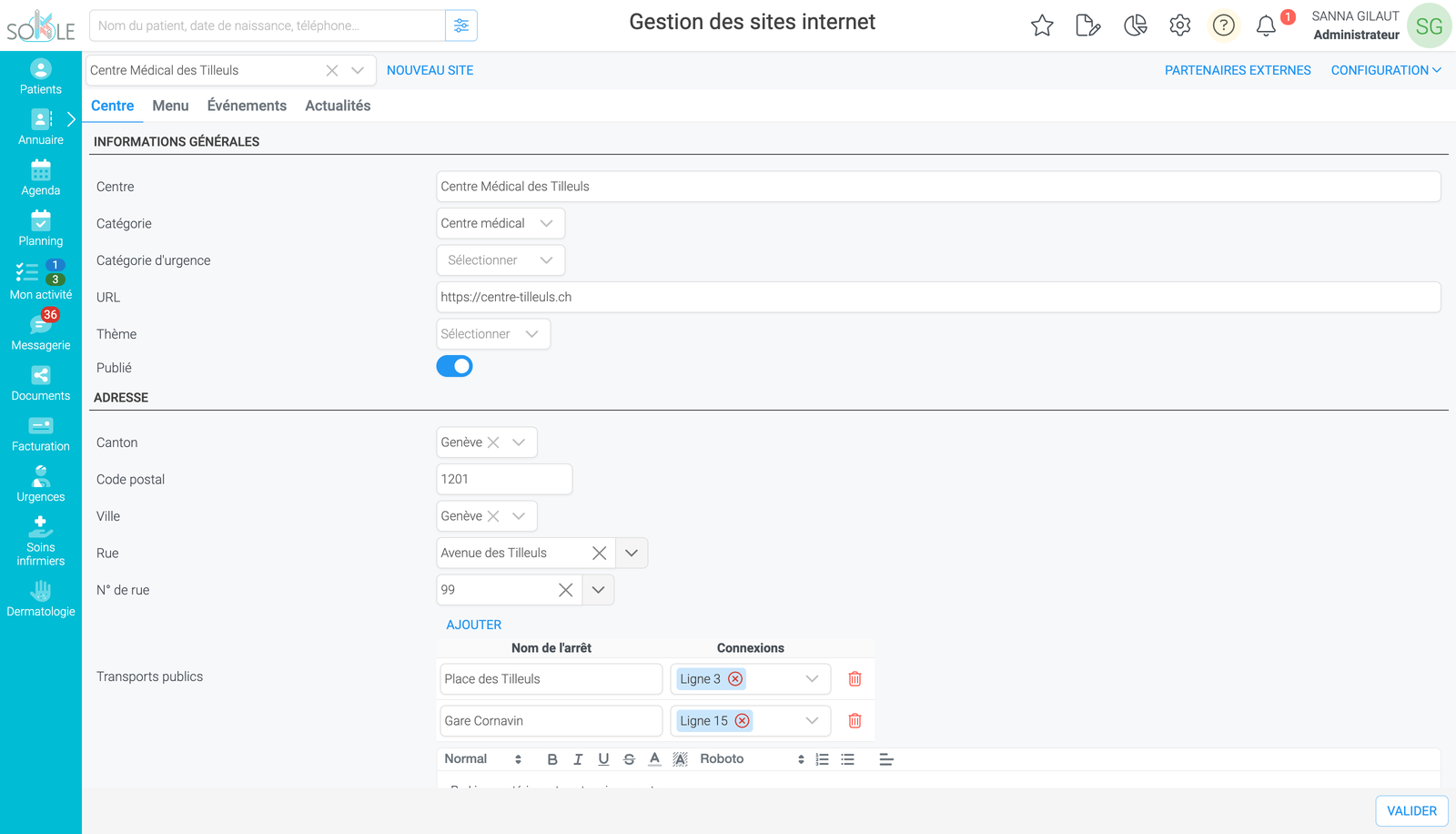 Capture du module de gestion des sites internet Sokle sur la fiche d’un centre