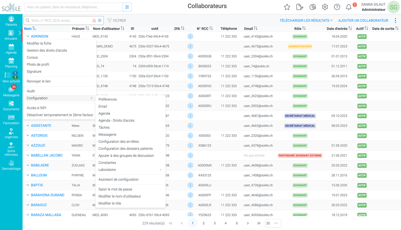 Capture de la liste des collaborateurs Sokle avec le menu d’actions d’un utilisateur : droits d’accès, audit, configuration, accès à l’API