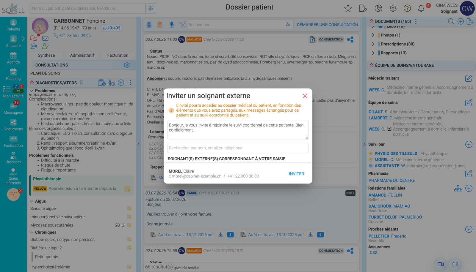 Capture de l’invitation d’un soignant externe depuis l’équipe de soins du dossier patient Sokle