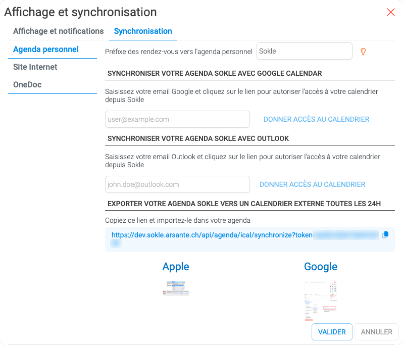 Capture des réglages de synchronisation de l’agenda Sokle avec Google Calendar, Outlook et les calendriers externes
