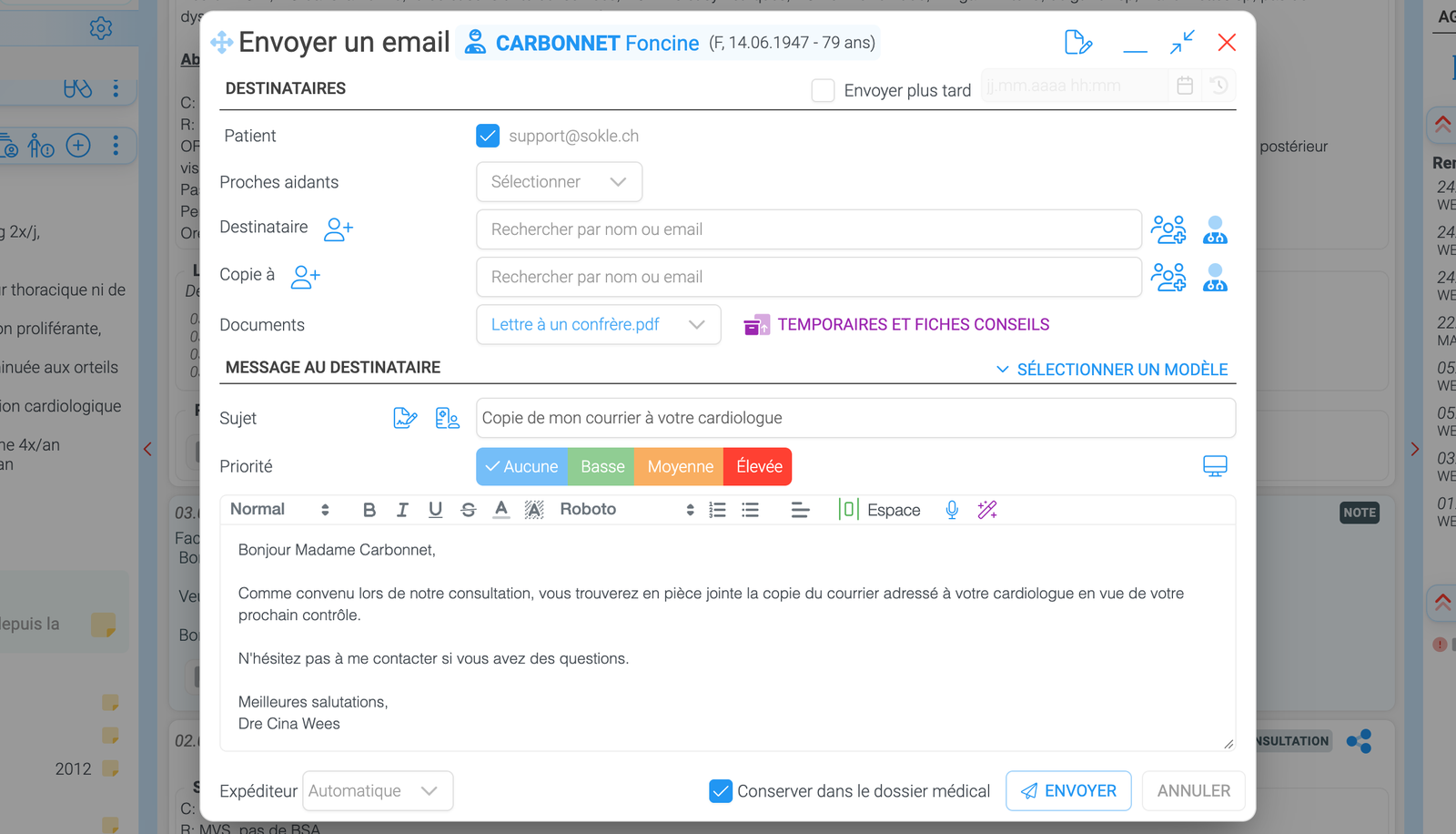 Capture de l’envoi d’un e-mail avec un document joint depuis le dossier patient Sokle