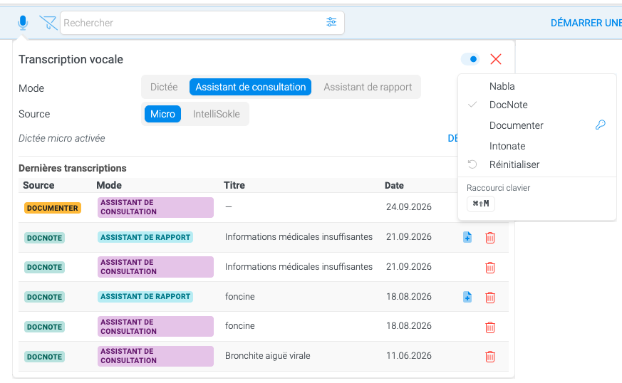 Capture de la transcription vocale Sokle avec le choix de l’assistant de consultation ou de rapport et du partenaire IA