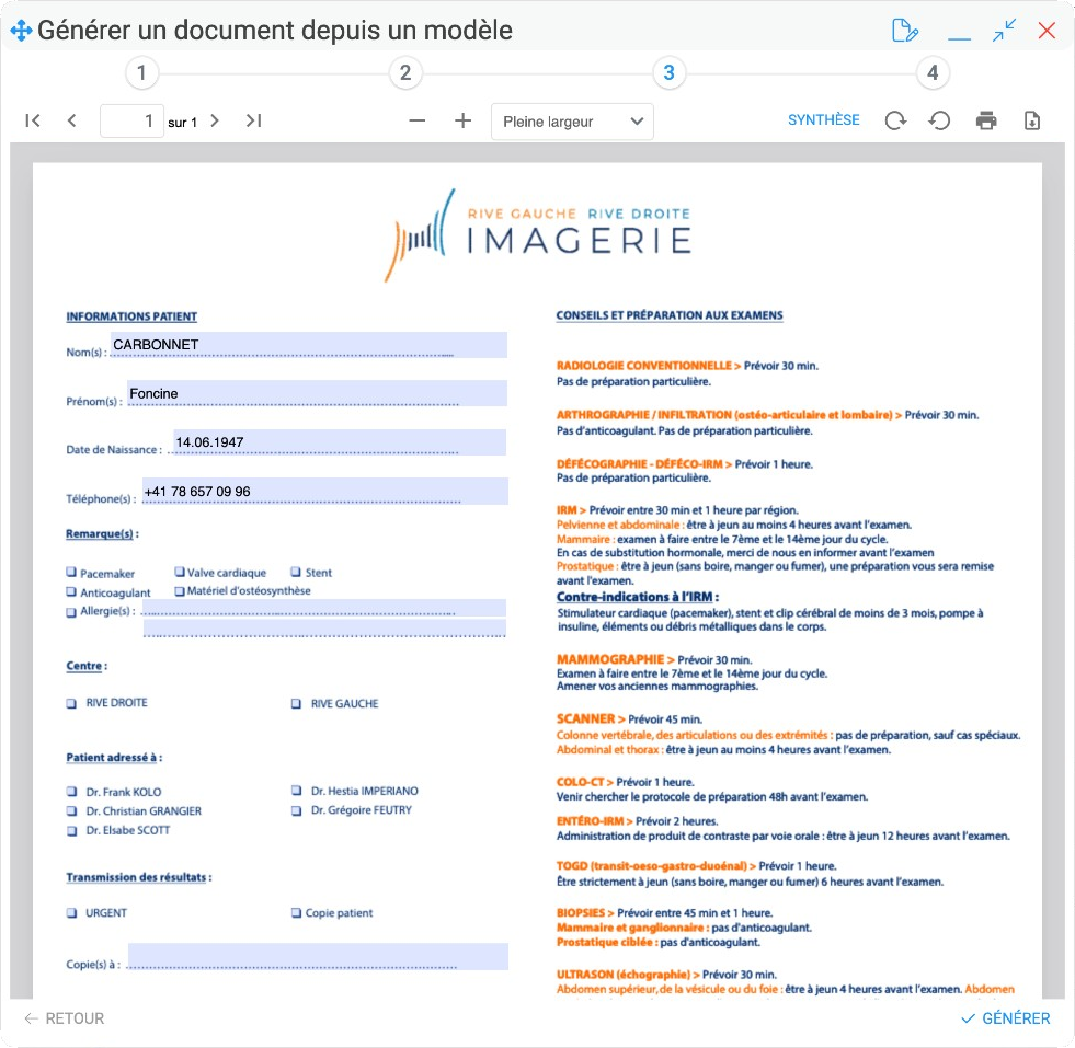 Capture d’un bon de demande d’imagerie prérempli avec les données du patient dans Sokle