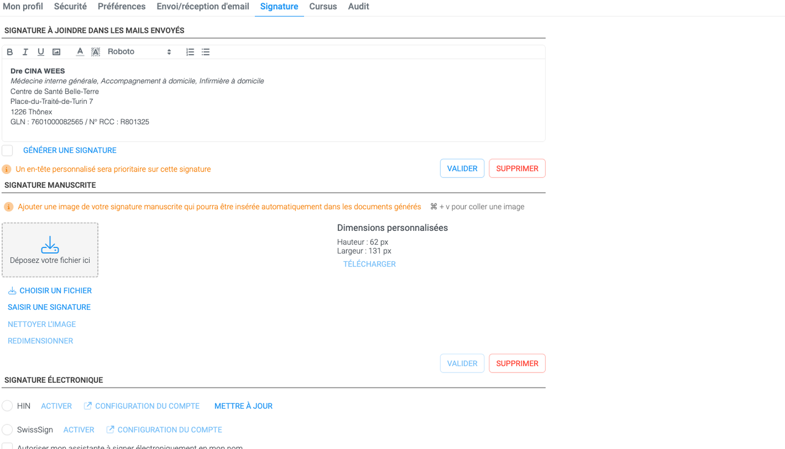 Capture de la configuration de la signature électronique Sokle