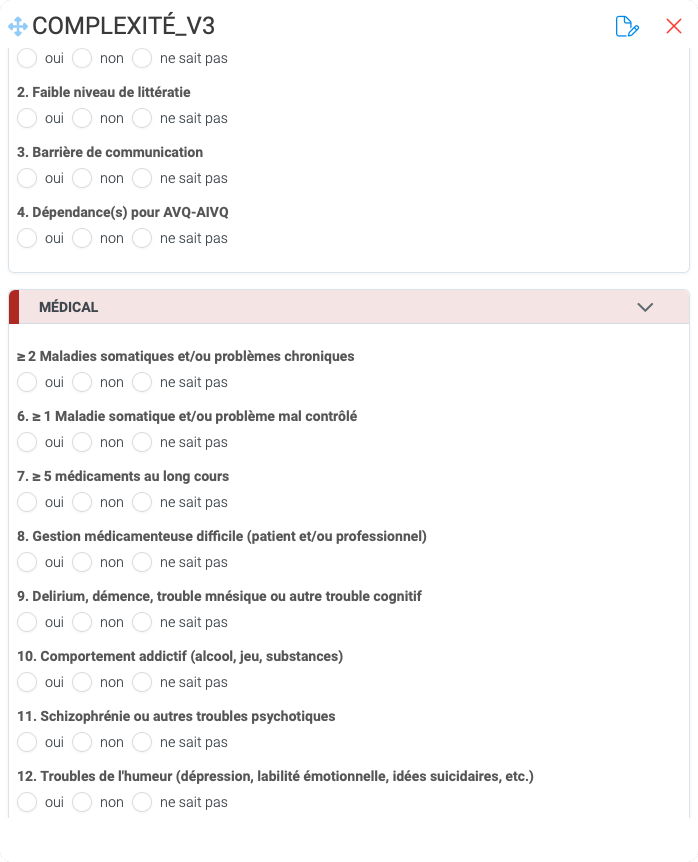 Capture du questionnaire Complexité dans Sokle : items sociaux et médicaux avec les réponses oui, non ou ne sait pas