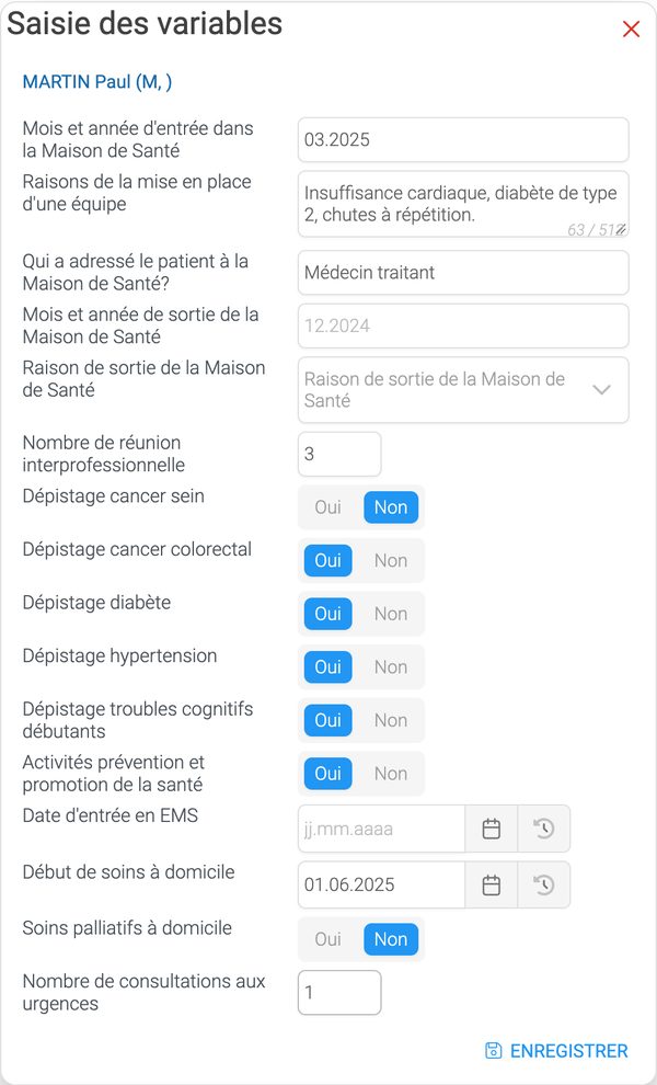 Capture de la fenêtre Saisie des variables dans Sokle : date d’entrée, motif, structure d’orientation, réunions interprofessionnelles et dépistages renseignés par oui ou non