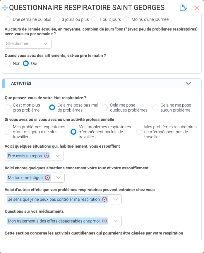 Capture du questionnaire respiratoire de Saint-Georges dans Sokle : sections symptômes et activités, réponses du patient
