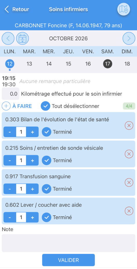 Capture de l’application mobile Sokle : liste des actes infirmiers du jour, kilométrage et note de passage