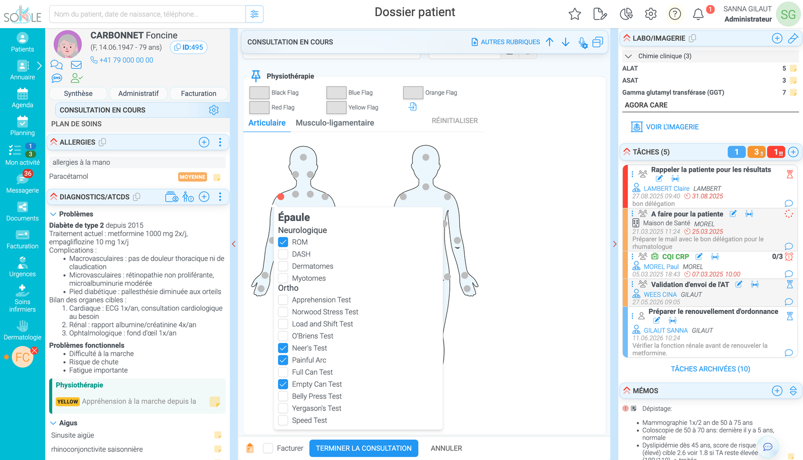 Capture d’une consultation de physiothérapie dans Sokle : schéma corporel avec la zone de l’épaule et la liste des tests neurologiques et orthopédiques