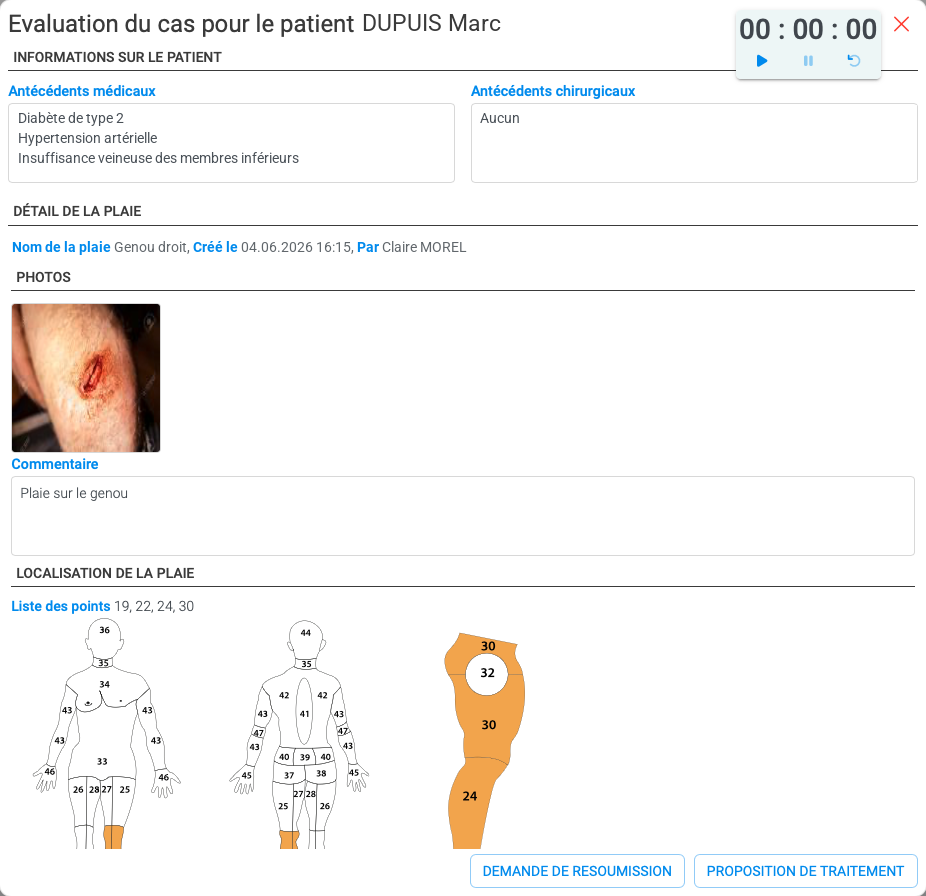 Capture de l’évaluation d’un cas de plaie dans Sokle : antécédents du patient, photo de la plaie, localisation sur le schéma corporel, demande de resoumission et proposition de traitement