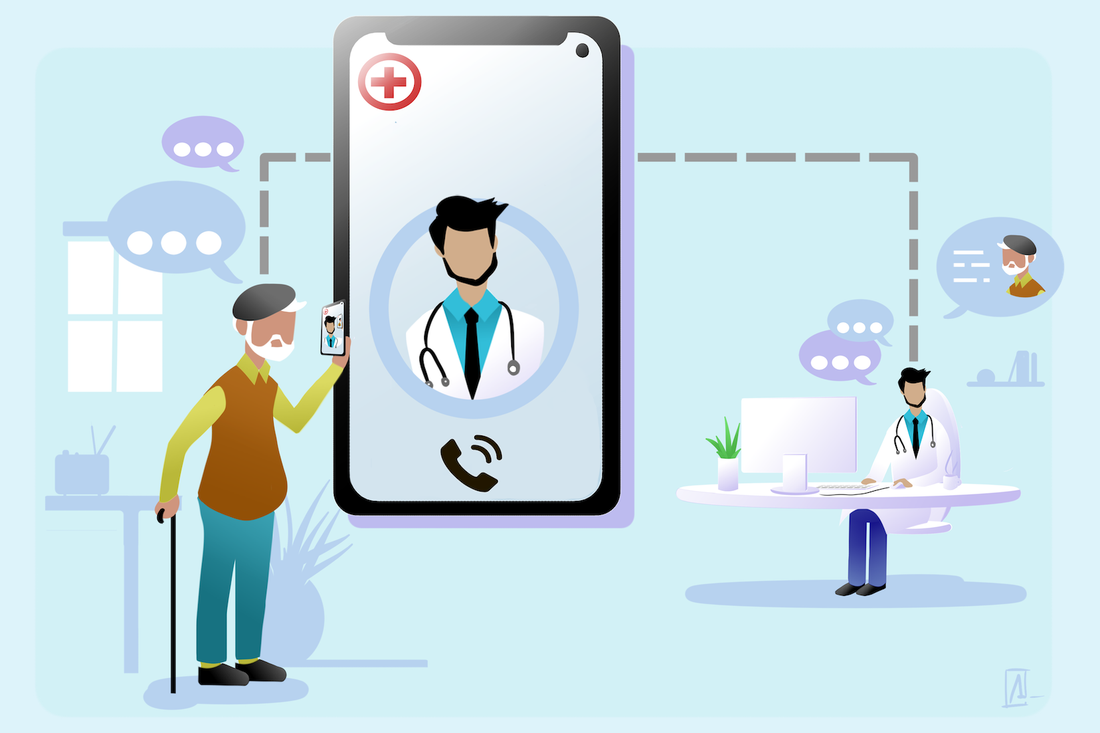 Dessin d’un patient âgé en téléconsultation avec son médecin depuis son domicile.