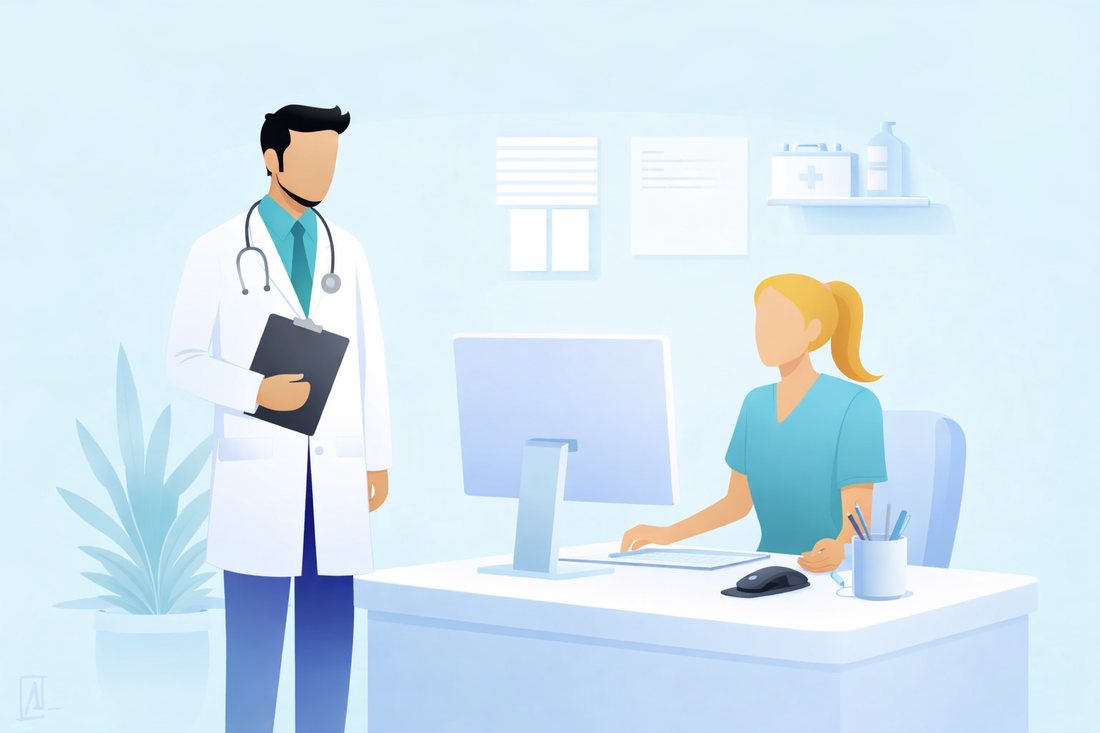 Dessin d’un médecin et d’une soignante dans un cabinet.